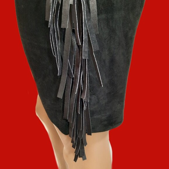 Vintage 90s Black Fringed Suede Mini Skirt Size S Western Rocker Grunge Indie - Picture 5 of 10